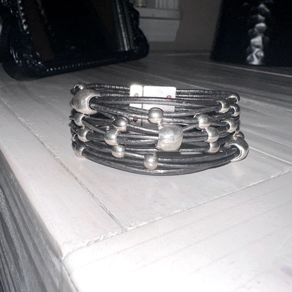 Metallic Leather Beaded Cuff Bracelet Magnetic Closure - Picture 1 of 3